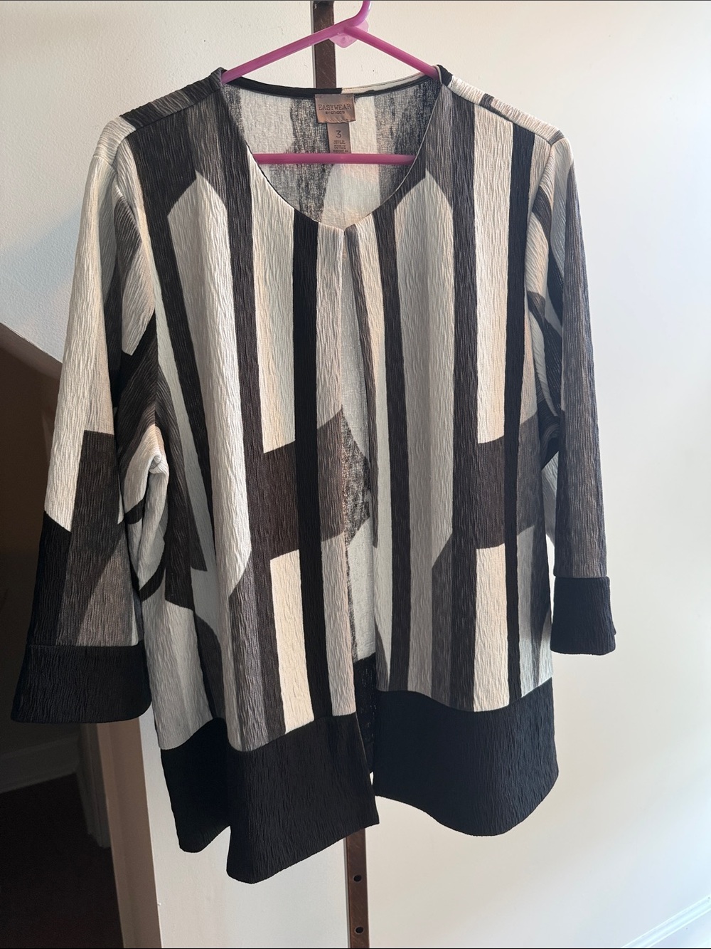 Chico’s Textured Geometric Stripe Women's Top - Black & Cream